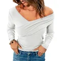 Elegante top bianco a maniche lunghe con spalle scoperte e scollo a V stile incrociato - Bianco