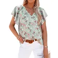 Elegant women's floral print V-neck blouse with flutter sleeves for stylish casual summer wear - S / Tops / Green