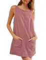 Detailed view of pink corduroy sleeveless shift dress with large front pockets - S / Dresses / Pink