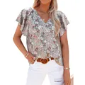Women's V-neck floral short sleeve loose casual pullover blouse in summer print - S / Tops / Gray