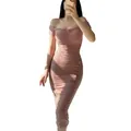 Elegant dusty rose ruched off-the-shoulder bodycon midi dress for women - Dusty Pink