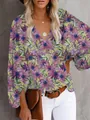 Elegantes Damen-V-Ausschnitt-Blumenshirt mit Lampionärmeln und lila Blumenmuster-Print - Lila Blume