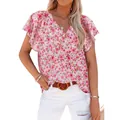 Elegant women's V-neck pink floral print short sleeve blouse with casual flutter sleeves - S / Tops / Red