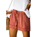 Detail view of women's brick red high-waist casual shorts with functional drawstring - S / Bottoms / Orange
