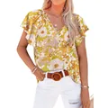 Stylish casual women's V-neck floral print short sleeve blouse with ruffle sleeves - S / Tops / Yellow