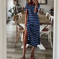 Sommerliches blau-schwarz gestreiftes Maxikleid mit V-Ausschnitt und hohem Schlitz. - S / Oberteil und Hose / Rot