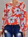 Blumendruck V-Ausschnitt Bluse mit Laternenärmeln in leuchtendem Orange für Sommer - Rote Blume