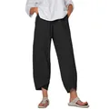 Casual women's high-waisted cotton linen wide-leg cropped pants in solid black. - S / Bottoms / Black