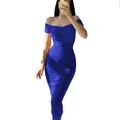 Elegant cobalt blue off-the-shoulder ruched bodycon summer dress with a slim fit design - Sapphire Blue