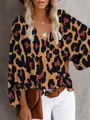 Modisches V-Ausschnitt-Oberteil mit Leopardenmuster und eleganten Laternenärmeln für Damen - Leopardenprint