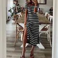 Lässiges gestreiftes Maxikleid mit V-Ausschnitt und Seitenschlitz für Damen im Sommer - S / Oberteil und Hose / Grau