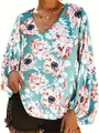 Bluse mit V-Ausschnitt und Blumenmuster, elegante Laternenärmel in Minzgrün und Rot - Grüne Blume