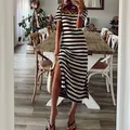 Lässiges schwarz-weiß gestreiftes Maxikleid für Damen mit V-Ausschnitt und Schlitz - S / Oberteil und Hose / Weiß