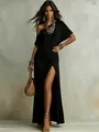 Elegantes schwarzes One-Shoulder-Maxikleid mit hohem Schlitz und Leinenstruktur. - S / Schwarz