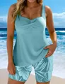 Two-piece plus size blue tankini swimsuit set with ribbed top and floral shorts - S / Top And Bottom / Blue
