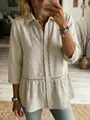 Elegant casual beige linen shirt featuring delicate lace trim and button-down front - S / Tops / Khaki