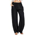 Lockere schwarze Baumwoll-Leinen-Hose mit weitem Bein und Kordelzug für Damen - S / Unterteile / Schwarz