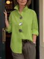 Elegante camisa verde lima de manga larga con grandes botones metálicos y cuello mao sofisticado - Verde Fluorescente