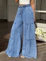 Vista detallada de los pantalones vaqueros informales de pierna ancha con volantes mujer - XS / Bottoms / Azul