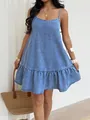 Summer casual light blue denim mini dress with thin straps and a ruffled hem detail - XS / Bottoms / Blue