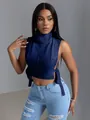 Haut court en jean sans manches bleu foncé avec col montant et lacets latéraux - M / Hauts / Bleu Foncé Lavé