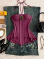 Elegante top halter vintage morado con busto fruncido y detalle de broche retro. - S / Tops / Rosa rojo