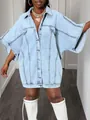Trendy streetwear oversized light blue denim jacket with wide short cape-style sleeves - S / Tops / Light Blue