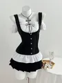 Top tipo corsé de estilo Gótico Lolita en blanco y negro con mangas abullonadas - S / Tops / Negro