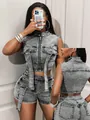 Front and back detail view of a grey acid wash denim cropped vest and shorts set - Blue
