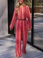 Conjunto de dos piezas de punto de ganchillo rosa para mujer con manga larga y pantalón - S / Top Y Pantalón (3051) / Rojo