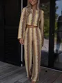 Conjunto boho de dos piezas de punto zigzag con top corto y pantalones anchos. - S / Top Y Pantalón (3051) / Marrón