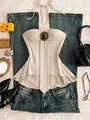 Elegante top de tirantes beige vintage con broche decorativo y dobladillo con volantes - XS / Tops / Albaricoque