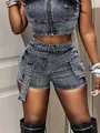 Close-up of high waist washed grey denim shorts with unique flap pocket design details. - S / Top And Bottom / Gray