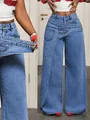 Stylische Damen-Jeans mit weitem Bein und einzigartigem asymmetrischem Doppelbund-Design - S / Unterteile / Dunkelblau