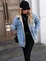 Chic oversized fleece-lined denim jacket for women, stylish street wear winter coat. - XS / Tops / Light Blue