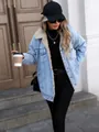 Chic oversized fleece-lined denim jacket for women, stylish street wear winter coat. - XS / Tops / Light Blue