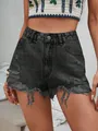 Short en jean noir taille haute tendance pour femme avec détails déchirés et ourlet - XS / Bas / Gris foncé