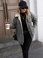 Detailed view of women's gray loose-fitting denim jacket with warm fleece lining - XS / Tops / Gray