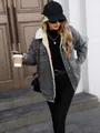 Detailed view of women's gray loose-fitting denim jacket with warm fleece lining - XS / Tops / Gray