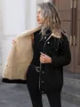 Women's casual oversized black denim jacket featuring a warm beige sherpa fleece lining - XS / Tops / Black