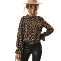 Stylish leopard print long-sleeve shirt with ruffled collar and cuffs for women - S / Tops / Leopard Print