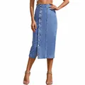 High-waisted light blue denim midi skirt with front buttons and side slit detail - XS / Bottoms / Blue