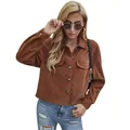 Casual brown corduroy cropped jacket for women with button-up front and chest pockets - S / Tops / Brown