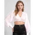 Elegant white lantern sleeve V-neck crop top blouse detail for Octoberfest outfits - XS / Tops / White