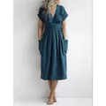 Full length fashion view of casual blue cotton linen V-neck dress with large pockets - S / Top And Bottom / Navy Blue