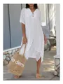 Elegant bohemian white cotton linen double layer split V-neck maxi dress for women - S / Dresses / White