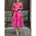 Detail view of pink floral mesh midi dress with elegant puff sleeves and vibrant prints - XS / Top And Bottom / Rose Red
