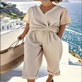 Detailed view of women's beige V-neck two-piece leisure set with twist front - S / Top And Bottom / Apricot