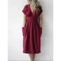 Detailed view of a maroon cotton linen casual dress featuring V-neck and pockets - S / Top And Bottom / Burgundy
