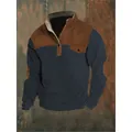 Detail of waffle knit texture and contrast patches on men's stand collar sweatshirt - 3XL / Tops / Dark Blue